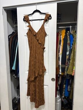 Brown Ruffle V-Neck Women's Dress